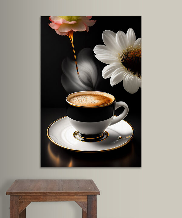 Eine Tasse Kaffee und eine Blume Eine Tasse Kaffee und eine Blume