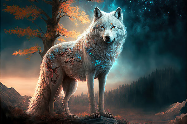 Ein weißer Wolf, der auf einem Felsen steht Ein weißer Wolf, der auf einem Felsen steht