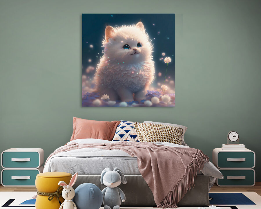 Eine weiße, flauschige Katze mit blauen Augen Eine weiße, flauschige Katze mit blauen Augen