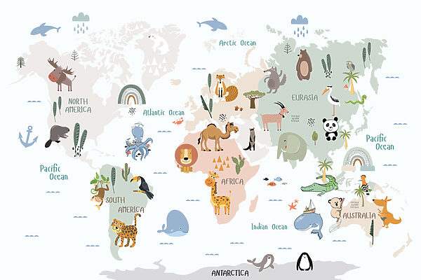 A map of the world with animals