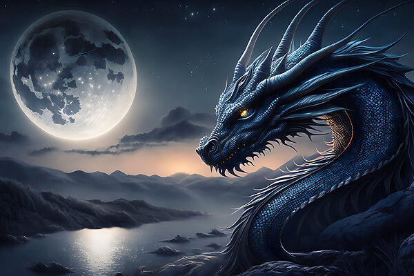 Ein blauer Drache mit einem Mond im Hintergrund Ein blauer Drache mit einem Mond im Hintergrund