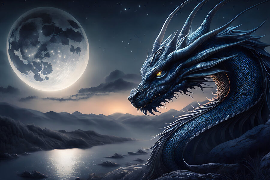 Ein blauer Drache mit einem Mond im Hintergrund Ein blauer Drache mit einem Mond im Hintergrund