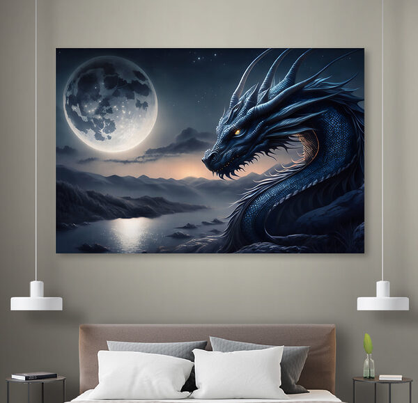 Ein blauer Drache mit einem Mond im Hintergrund Ein blauer Drache mit einem Mond im Hintergrund