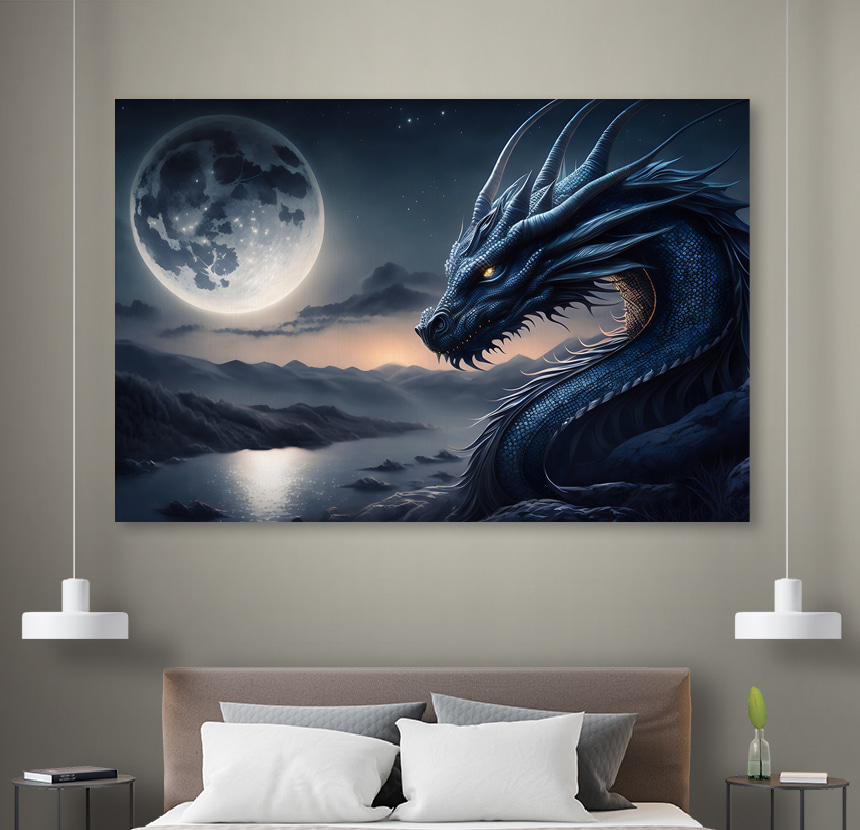 Ein blauer Drache mit einem Mond im Hintergrund Ein blauer Drache mit einem Mond im Hintergrund