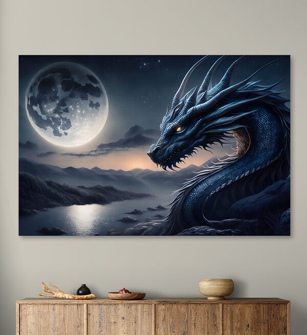Ein blauer Drache mit einem Mond im Hintergrund Ein blauer Drache mit einem Mond im Hintergrund