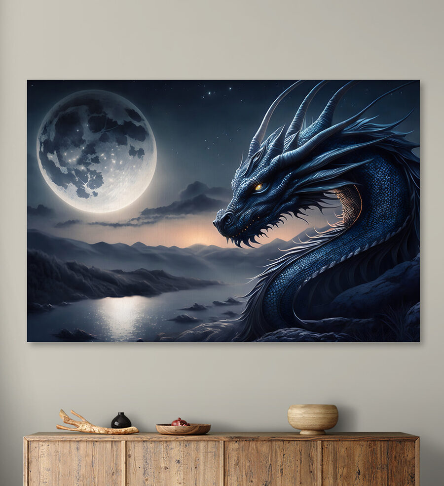 Ein blauer Drache mit einem Mond im Hintergrund Ein blauer Drache mit einem Mond im Hintergrund