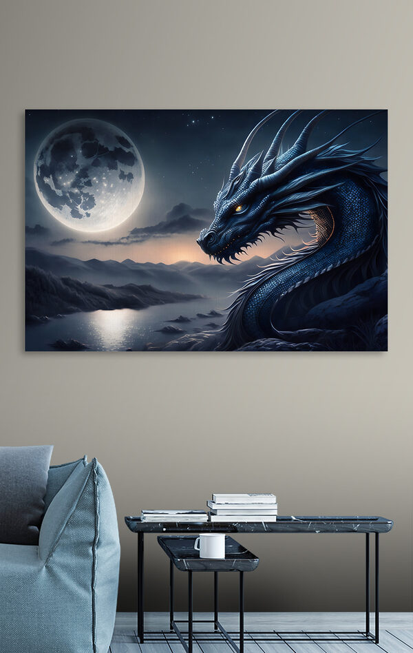 Ein blauer Drache mit einem Mond im Hintergrund Ein blauer Drache mit einem Mond im Hintergrund