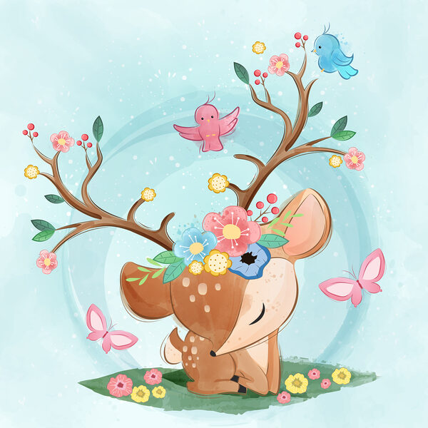 A cartoon deer with flowers and birds