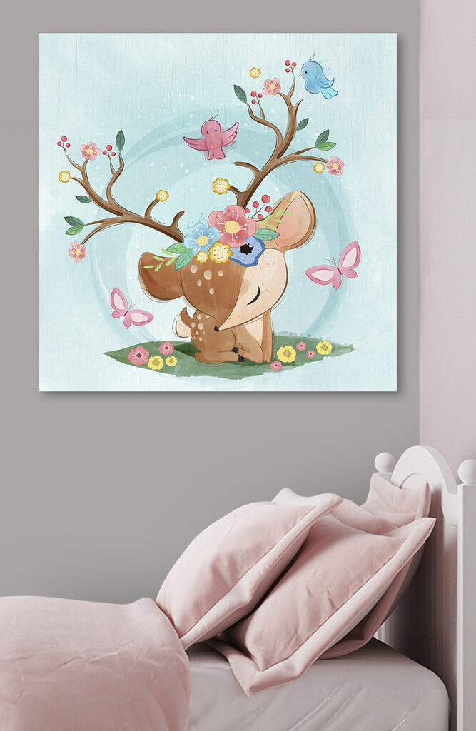 A cartoon deer with flowers and birds