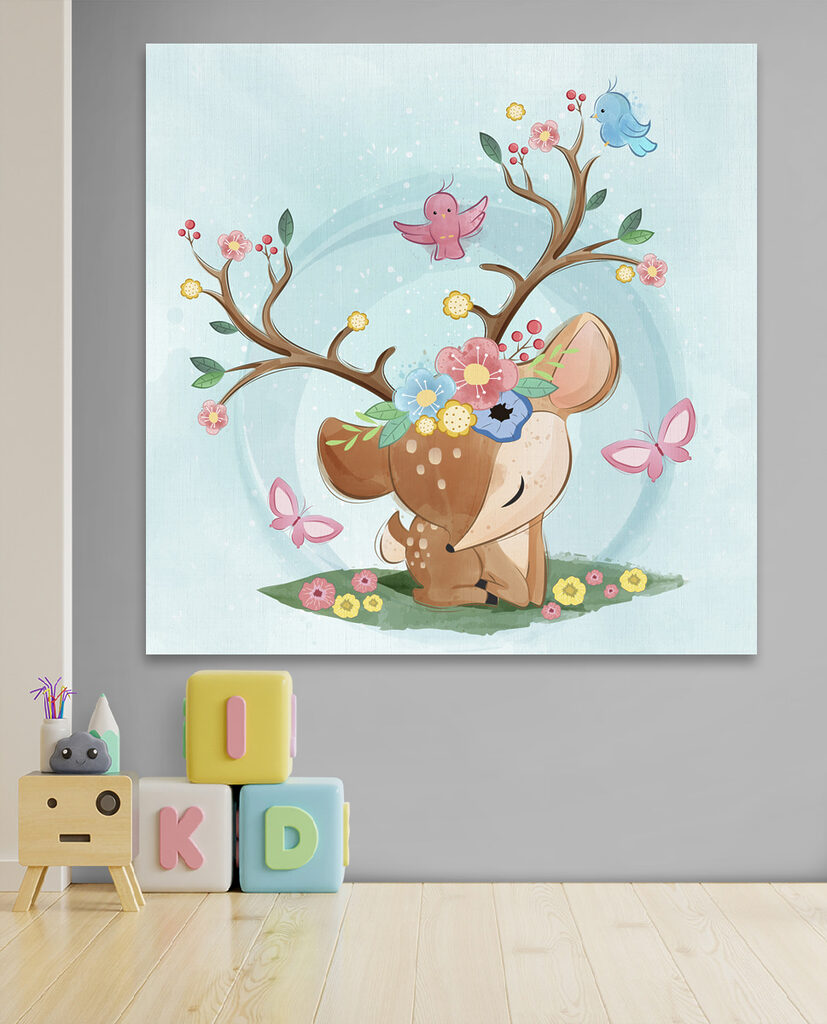 A cartoon deer with flowers and birds