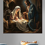 Wandbilder Ein Gemälde von einem Mann und einer Frau in einer Krippe mit Tieren drum herum