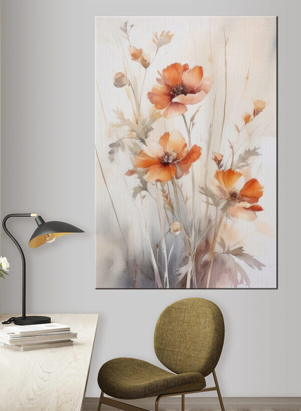 Ein Gemälde mit orangefarbenen Blumen Ein Gemälde mit orangefarbenen Blumen