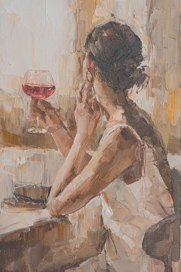Ein Gemälde einer Frau mit einem Glas Wein in der Hand Ein Gemälde einer Frau mit einem Glas Wein in der Hand