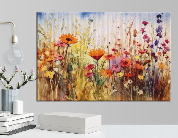 Ein Gemälde mit Blumen auf einem Feld Ein Gemälde mit Blumen auf einem Feld