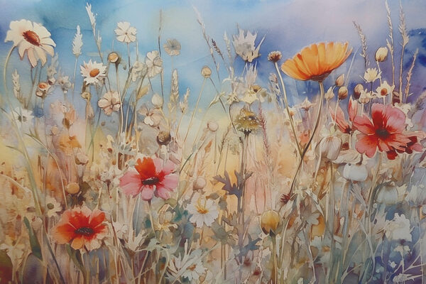 Ein Gemälde mit Blumen und Gras Ein Gemälde mit Blumen und Gras