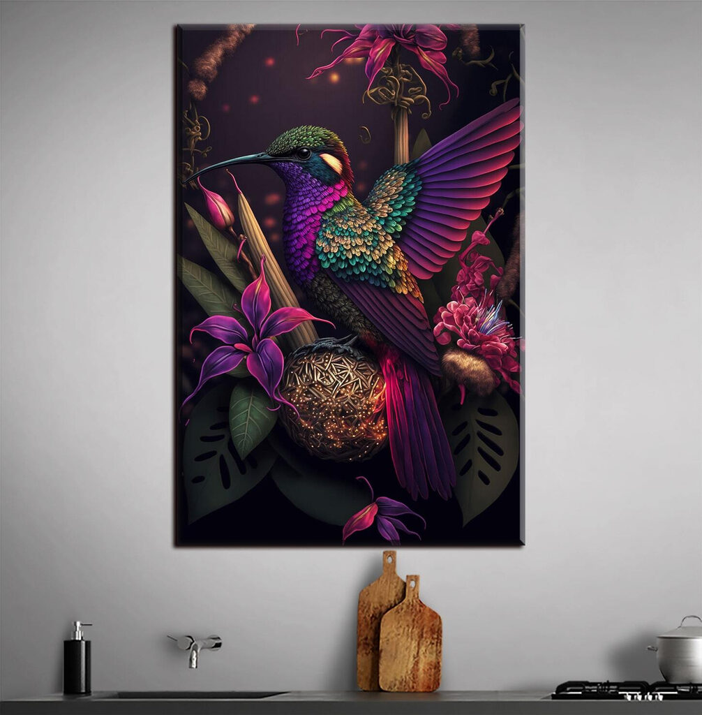 A colorful bird sitting on a ball of flowers