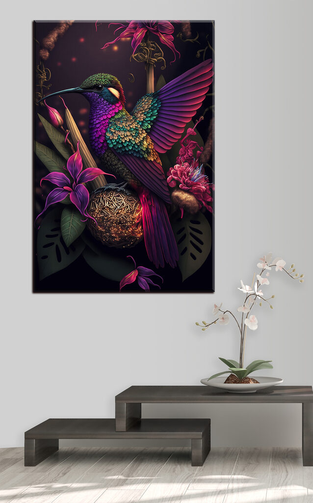 A colorful bird sitting on a ball of flowers