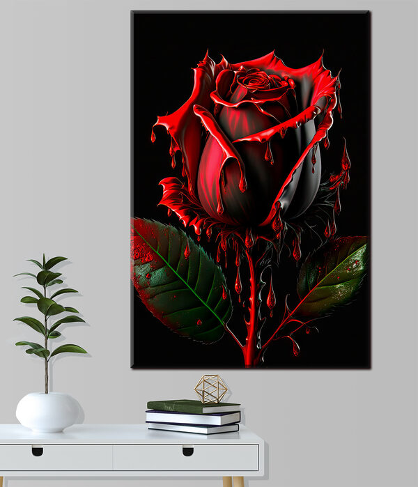Eine rote Rose mit grünen Blättern und tropfender roter Farbe Eine rote Rose mit grünen Blättern und tropfender roter Farbe