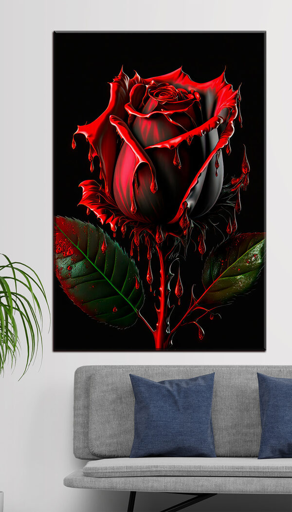 Eine rote Rose mit grünen Blättern und tropfender roter Farbe Eine rote Rose mit grünen Blättern und tropfender roter Farbe