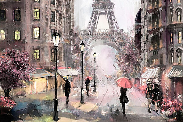 Ein Gemälde von Menschen, die mit Regenschirmen in einer Stadt spazieren gehen Ein Gemälde von Menschen, die mit Regenschirmen in einer Stadt spazieren gehen