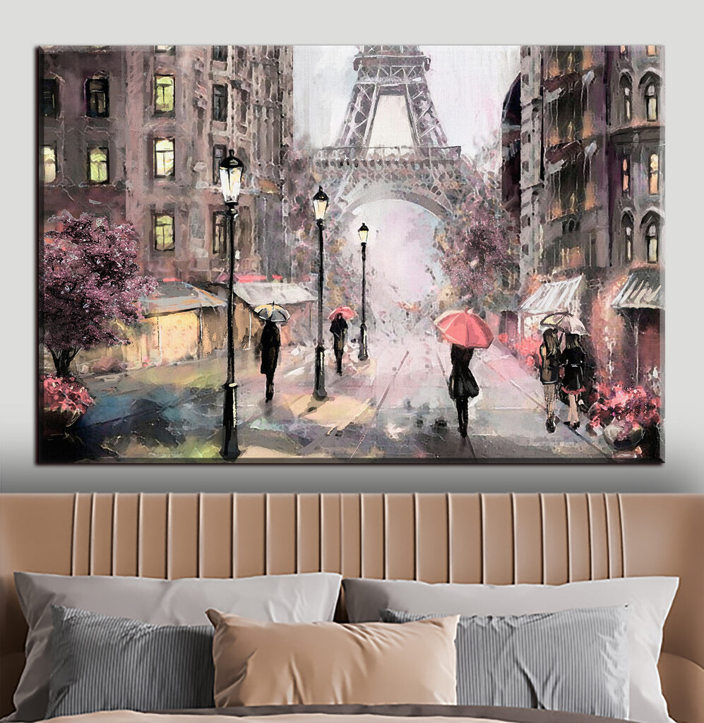 A painting of people walking with umbrellas in a city A painting of people walking with umbrellas in a city