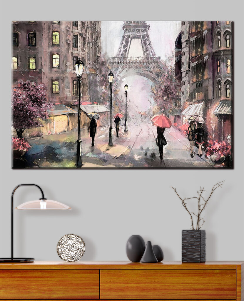 A painting of people walking with umbrellas in a city A painting of people walking with umbrellas in a city