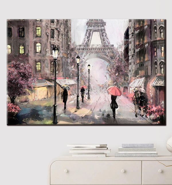 Ein Gemälde von Menschen, die mit Regenschirmen in einer Stadt spazieren gehen Ein Gemälde von Menschen, die mit Regenschirmen in einer Stadt spazieren gehen