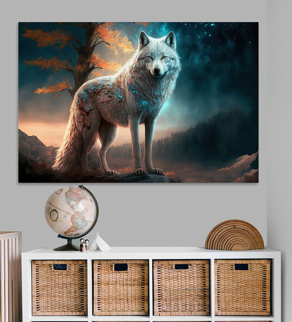 Ein weißer Wolf, der auf einem Felsen steht Ein weißer Wolf, der auf einem Felsen steht