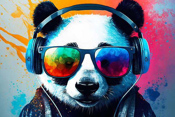 Ein Panda mit Kopfhörern und Sonnenbrille Ein Panda mit Kopfhörern und Sonnenbrille
