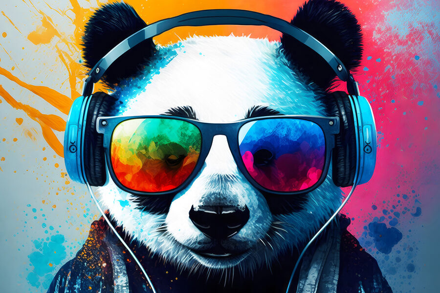 Ein Panda mit Kopfhörern und Sonnenbrille