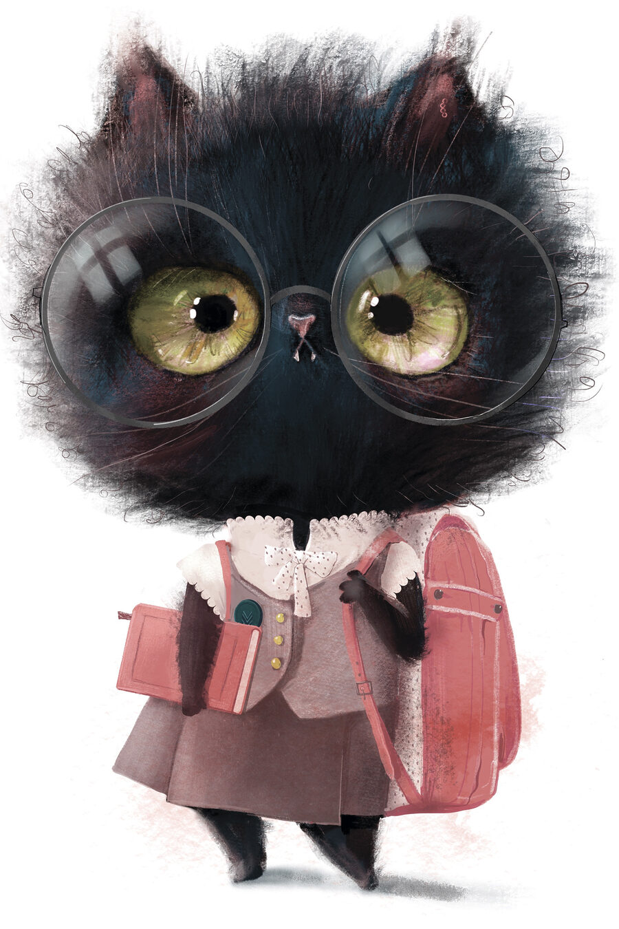 Eine Katze mit Brille und Schuluniform
