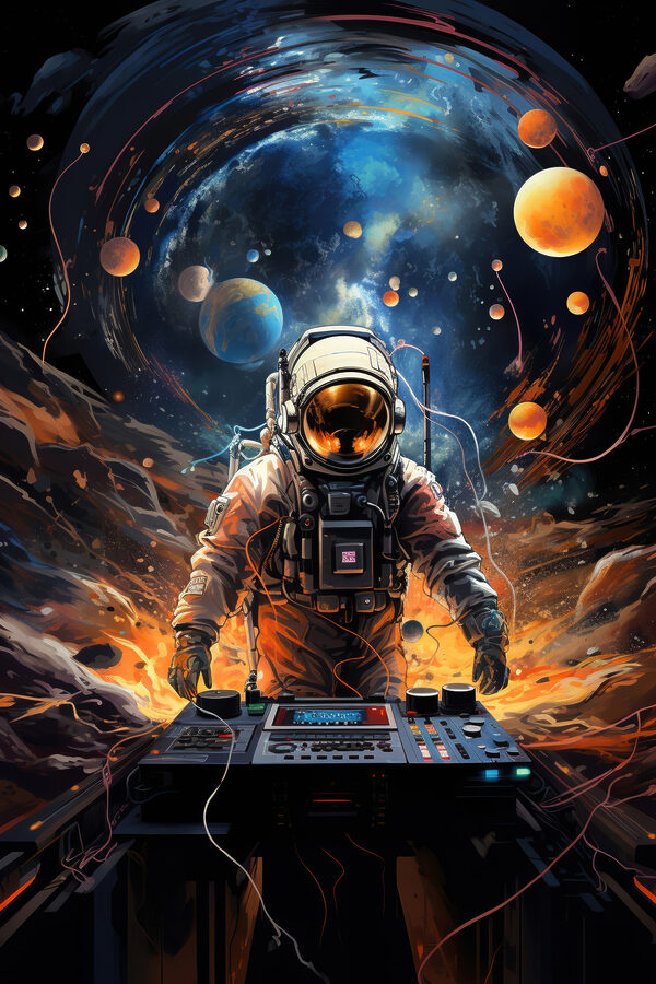 Ein Astronaut im Weltraum mit einer Maschine Ein Astronaut im Weltraum mit einer Maschine