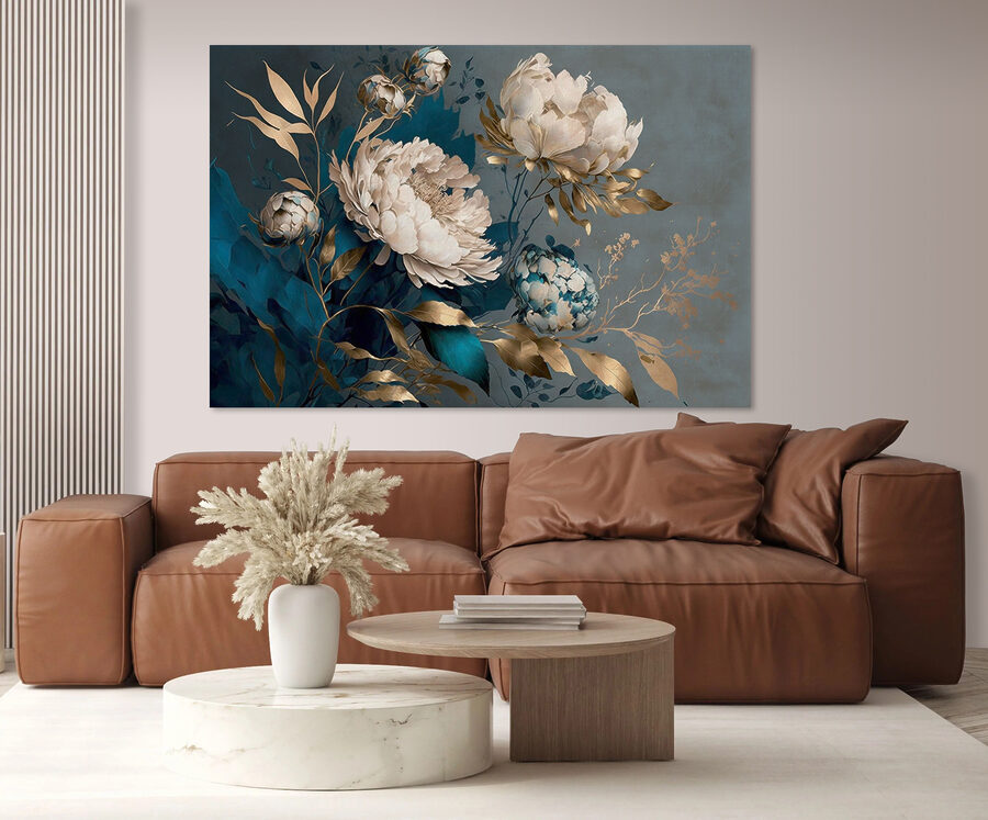Ein Gemälde mit Blumen und Blättern