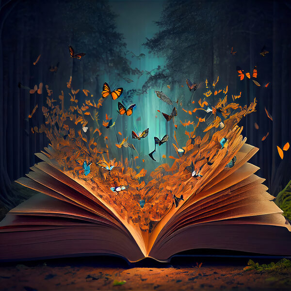 A book with butterflies coming out of it