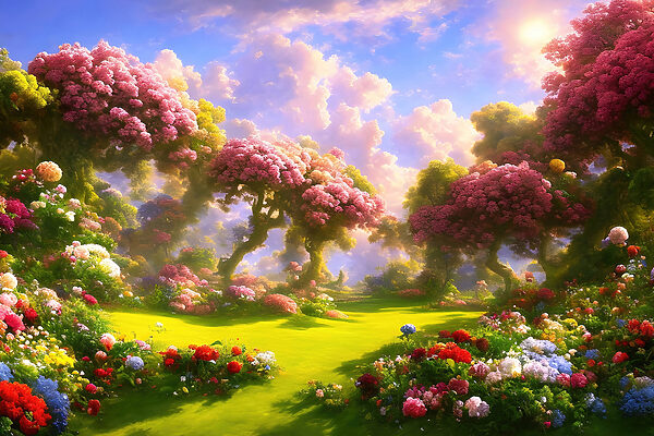 Eine Landschaft mit Bäumen und Blumen Eine Landschaft mit Bäumen und Blumen