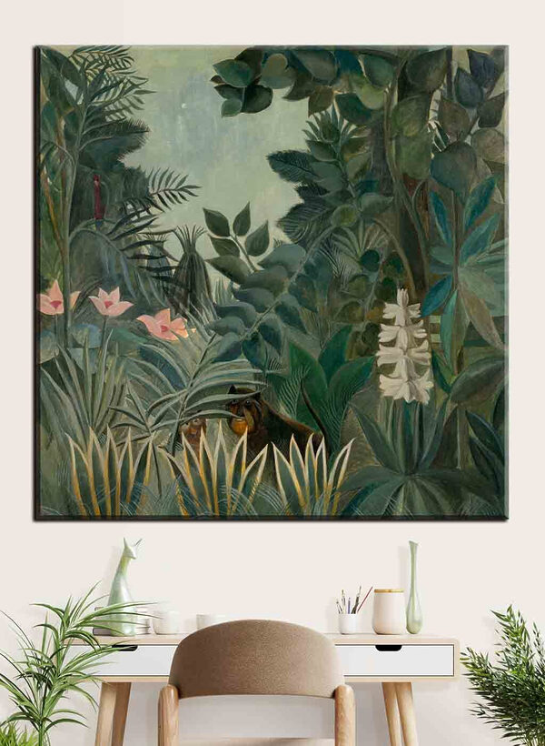 A painting of a jungle with plants and flowers
