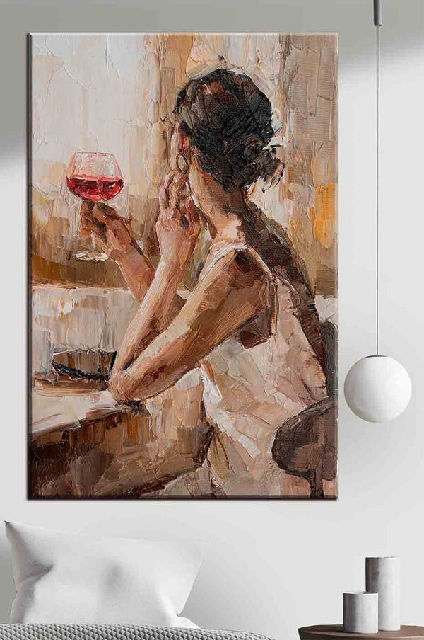 Ein Gemälde einer Frau mit einem Glas Wein in der Hand Ein Gemälde einer Frau mit einem Glas Wein in der Hand