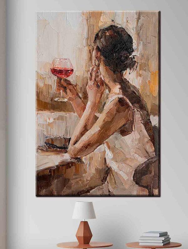 Ein Gemälde einer Frau mit einem Glas Wein in der Hand Ein Gemälde einer Frau mit einem Glas Wein in der Hand