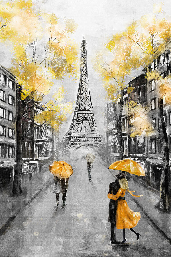 Ein Gemälde einer Straße mit Menschen, die unter einem Regenschirm spazieren gehen Ein Gemälde einer Straße mit Menschen, die unter einem Regenschirm spazieren gehen
