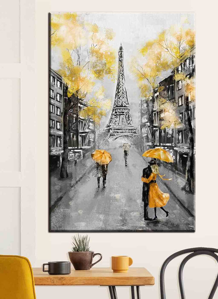 A painting of a street with people walking under an umbrella