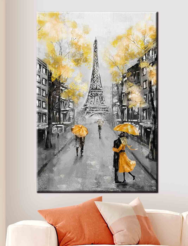 A painting of a street with people walking under an umbrella