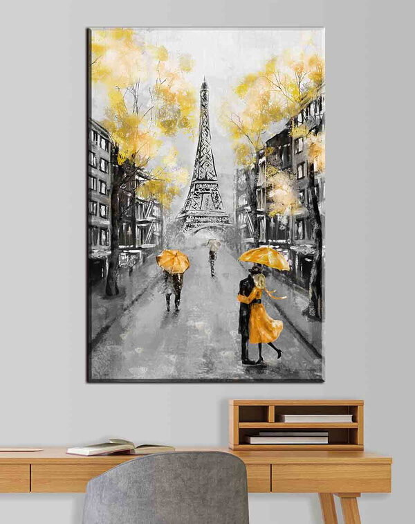 Ein Gemälde einer Straße mit Menschen, die unter einem Regenschirm spazieren gehen Ein Gemälde einer Straße mit Menschen, die unter einem Regenschirm spazieren gehen