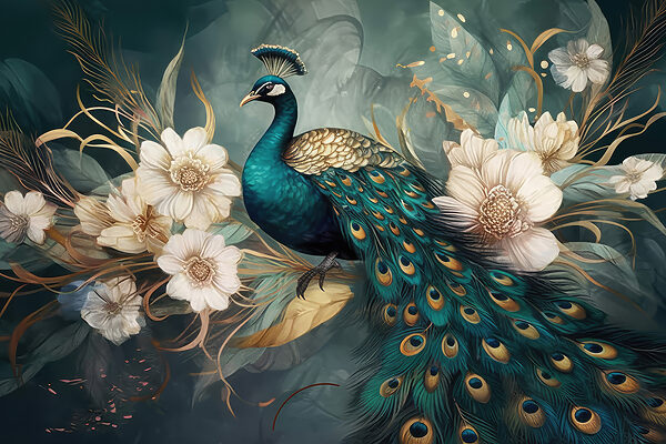 A peacock sitting on a branch with flowers