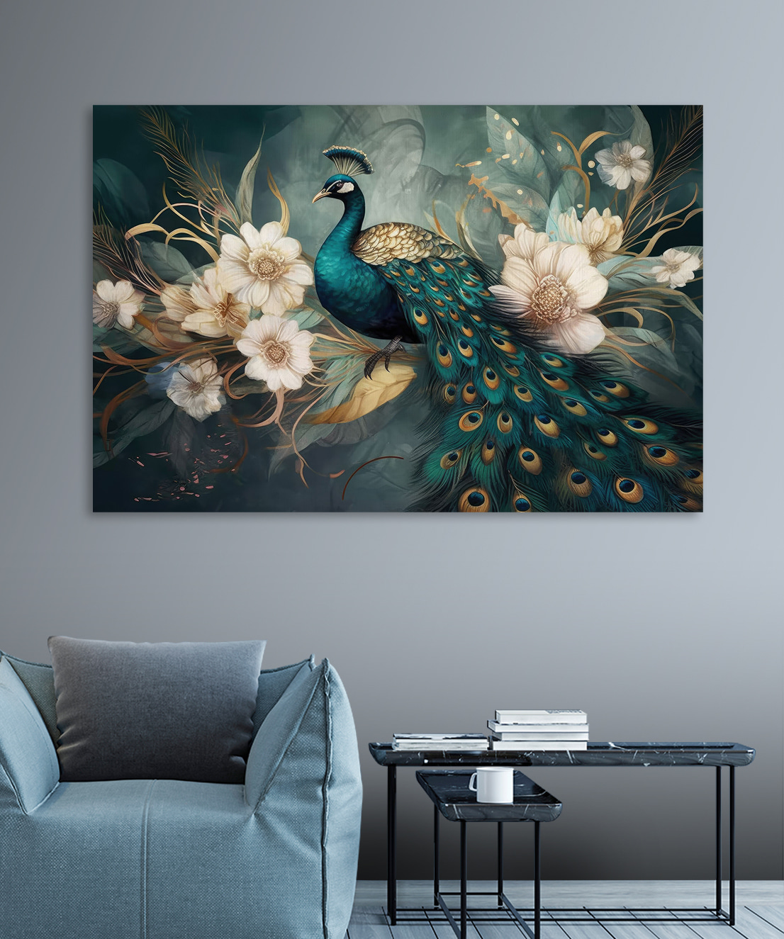 A peacock sitting on a branch with flowers