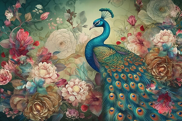 Ein Pfau mit Blumen und Blättern Ein Pfau mit Blumen und Blättern