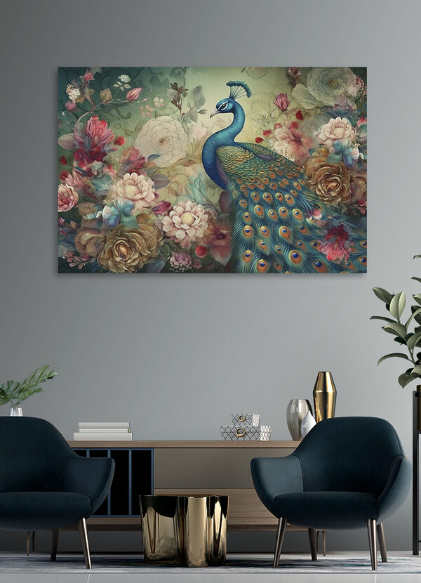 Ein Pfau mit Blumen und Blättern Ein Pfau mit Blumen und Blättern