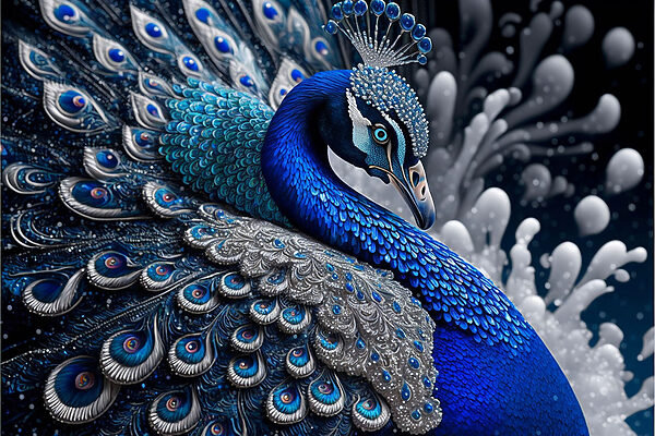 A blue and silver peacock