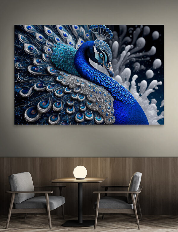 Wandbilder Wandbilder Ein blau-silberner Pfau (Artikelnummer: s34874)