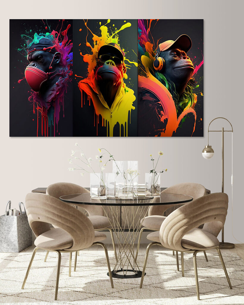 A collage of images of a monkey with colorful paint splashes A collage of images of a monkey with colorful paint splashes