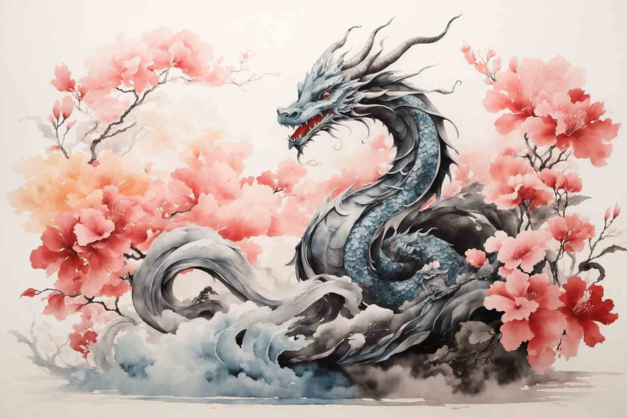 Ein Drache mit rosa Blumen